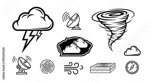 Weather Icons: Lightning, Clouds, Tornado, Radar, Wind, Compass, Layers