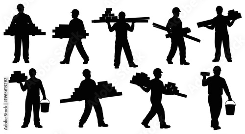 Construction workers silhouette carrying bricks and materials, flat design