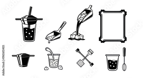 Bubble Tea Ingredients  Tools - Black  White Line Art Icons