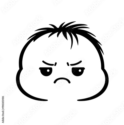 Displeased baby face icon, cute cartoon character with sulky expression, simple monochrome illustration isolated on white background