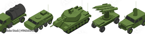 Isometric military vehicles set including tank, missile launcher, radar truck, armored transport, fuel truck, green army equipment illustration collection