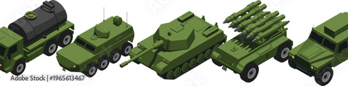 Isometric military transport and combat vehicles including tank, missile launcher, radar system, fuel truck, armored car, green army equipment set