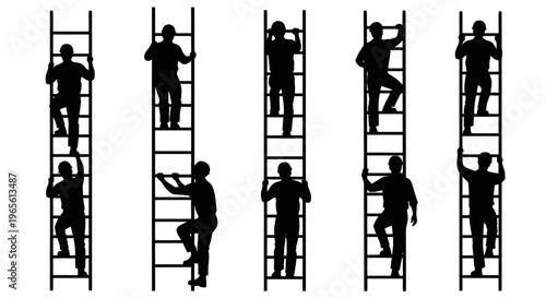 Silhouettes of people climbing ladders, black and white, industry success concept