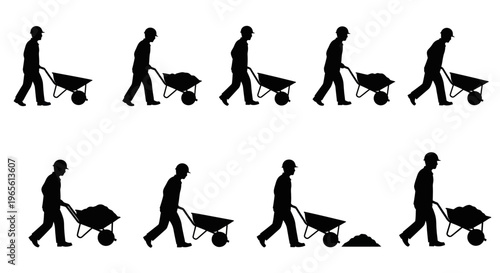 Construction worker pushing wheelbarrow silhouette, simple black and white icons