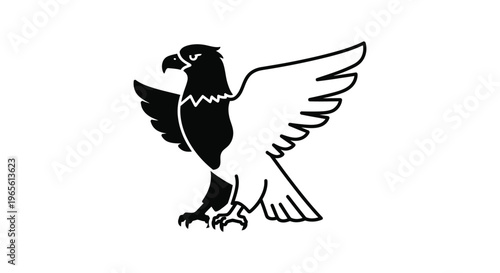 Majestic eagle vector illustration, black and white hawk silhouette with spread wings, predatory bird mascot for sports logos and heraldry