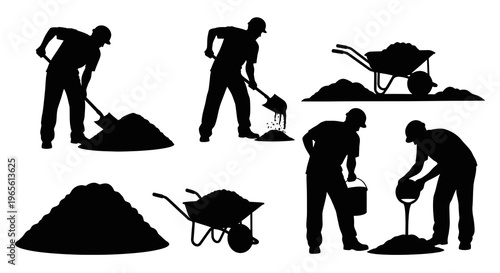 Construction workers silhouettes with shovels and wheelbarrows on white background