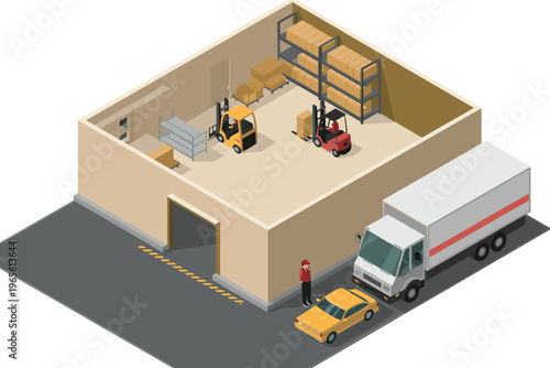 Isometric warehouse scene with forklifts, storage shelves, delivery truck, worker supervising loading, cargo handling, logistics distribution and supply chain operations