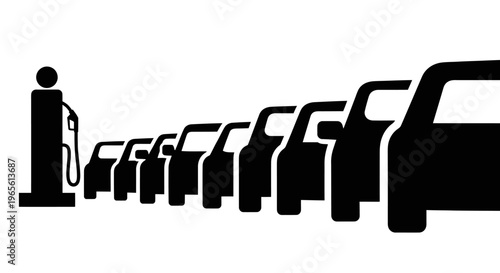 Black and White Icon of Cars Lined Up at a Gas Pump