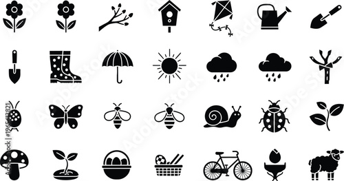Spring season and nature icons collection for gardening, weather, and outdoor activities, watering can