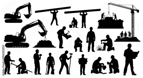 Construction Site Silhouettes: Workers, Excavators, Crane, and Building Elements