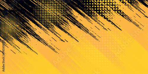 Black and yellow abstract background with brush stroke and halftone style. abstract grunge