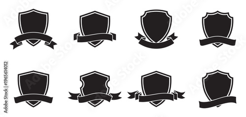 Heraldic shield badge logos with ribbon banner