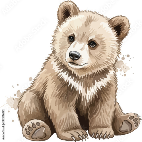 A cute brown bear cub sitting on a white background with a playful expression