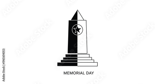 Memorial Day monument vector icon, black and white obelisk with star emblem, patriotic war memorial statue, minimalist commemorative landmark illustration