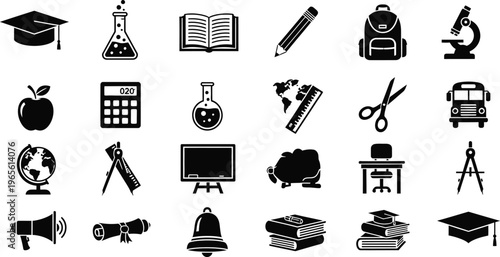 Educational and science black vector icons set. school, university, college, and learning symbols collection