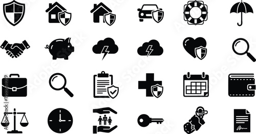 Insurance and protection icon set for security, finance, and health services concepts, piggy bank, money bag