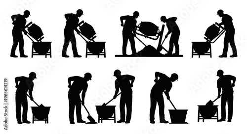 Construction worker silhouettes mixing cement with concrete mixer and tools
