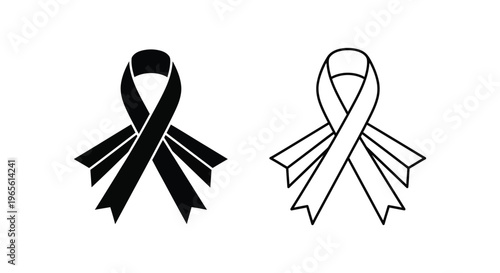 Black mourning ribbon vector icons, awareness ribbon symbols for grief and remembrance, funeral memorial ribbon set in solid and outline style