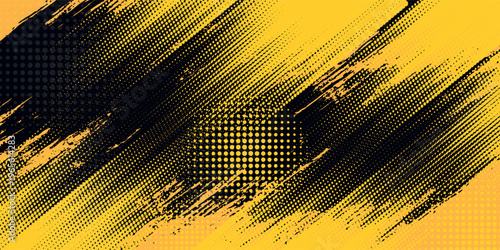 Black and yellow abstract background with brush stroke and halftone style. abstract grunge