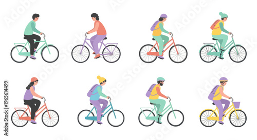 Flat Vector Illustration of Diverse People Riding Bicycles