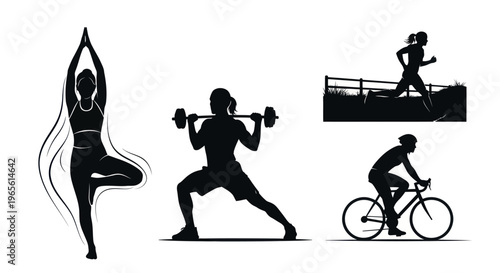 Black  White Silhouette of Diverse Fitness Activities: Yoga, Weightlifting, Running, Cycling