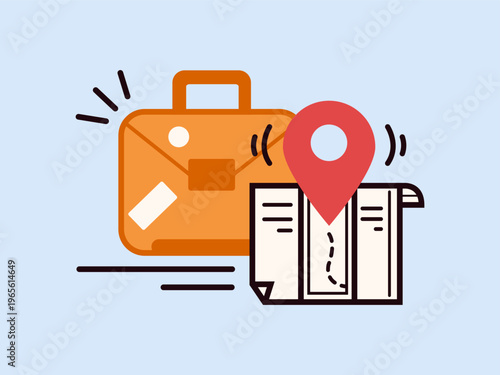 Travel suitcase with map and location pin moving