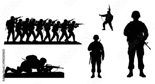 Military soldiers in silhouette, army, warfare, weapon, battle