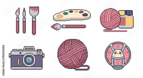 Pixel art icons of art and craft supplies, camera, yarn, and sewing