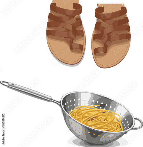 Brown leather gladiator sandals and stainless steel colander with spaghetti noodles flat vector set