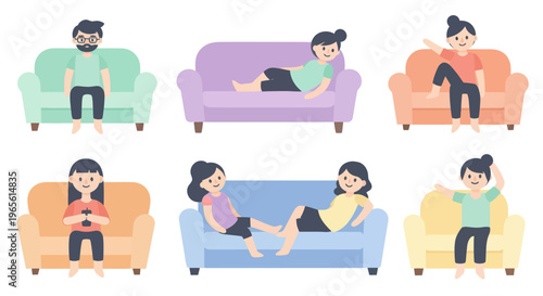 Flat Design People Relaxing on Sofas, Home Living Vector