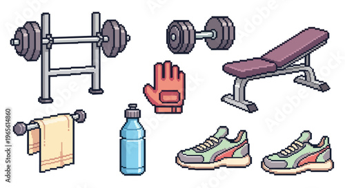 Pixel Art Gym Equipment Set: Dumbbell, Bench, Shoes, Towel, Water Bottle