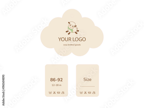 Printable knitting gift tags and clothing labels template with die-cut lines, cute sheep character and laundry care symbols