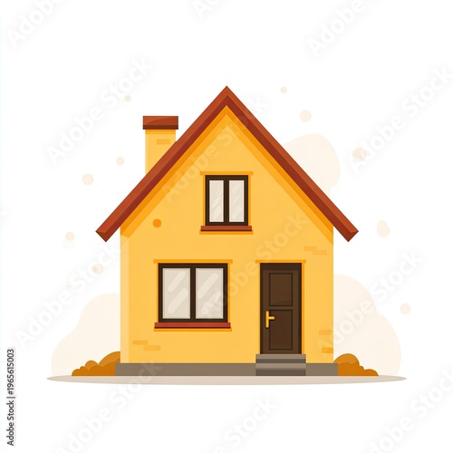Illustration of a yellow house with a red roof, chimney, and windows