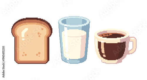 Pixel art slice of bread, glass of milk, and coffee cup