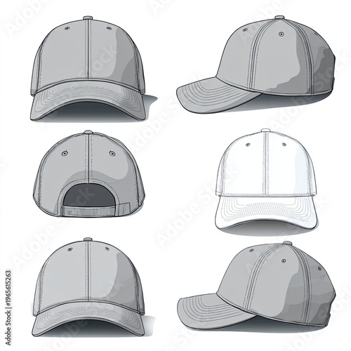 Illustration of six baseball caps, gray and white, front, back, and side views
