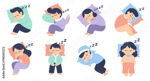 Flat Design Kids Sleeping on Pillows, Vector Illustration