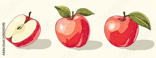Illustration of three red apples; one sliced, whole fruit, and one with a leaf