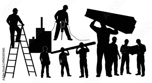 Construction workers silhouettes, building industry, vector art