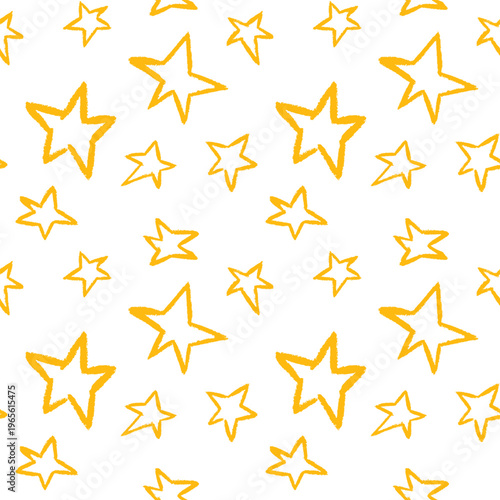 Hand drawn Star seamless pattern. Simple yellow rough doodle background. Perfect gold star elements for branding, packaging and digital projects.