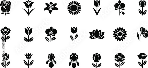 Flower vector icons set with rose, tulip, daisy, lotus, and orchid floral symbols, design element, bloom icon