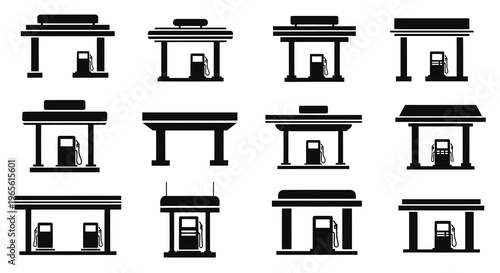 Black  White Glyph Icons of Gas Stations and Fuel Pumps