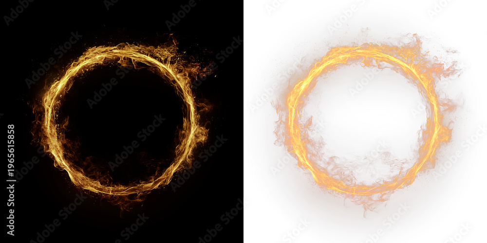 Fototapeta premium Fire circle with bright flames on a transparent background during nighttime