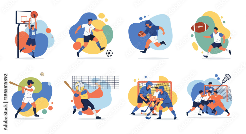Fototapeta premium Flat Illustration of Diverse Sports Athletes Playing Different Games