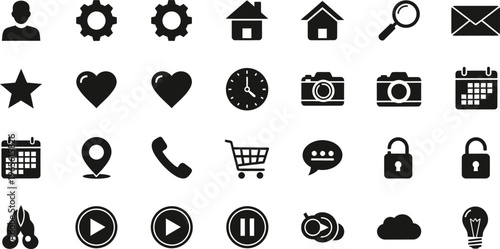 Basic UI web app icons set - user, settings, home, communication & media interface symbols, magnifying glass