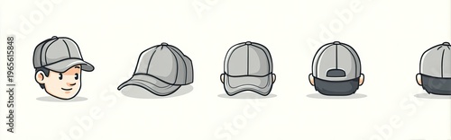 Illustration set of gray baseball caps in various angles, including a person wearing one
