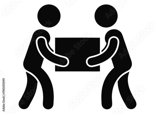 Minimalist Team Carrying Box Icon – Two People Moving Package Vector Symbol