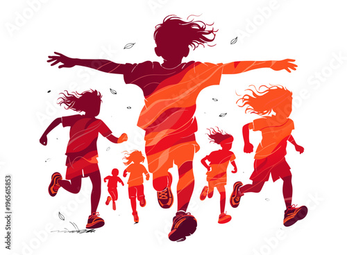 Kids Running Silhouette Vector – Dynamic Children Play Gradient Illustration