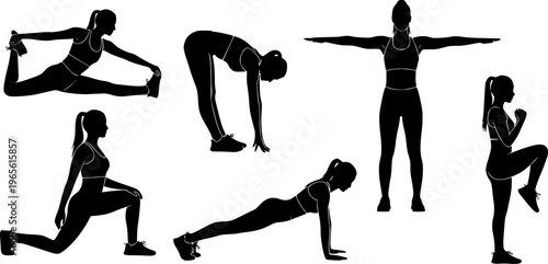 Fitness Silhouette Collection Featuring Women In Various Workout Poses Including Stretching Planking And Aerobic Exercises