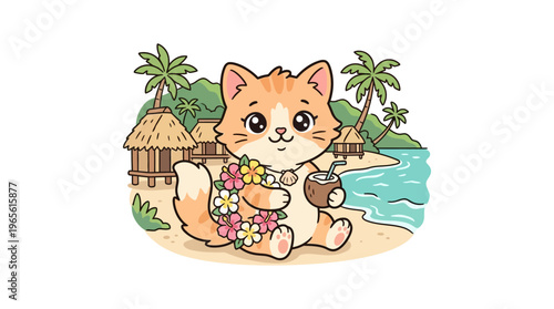 Cute Cartoon Cat Relaxing on a Tropical Beach