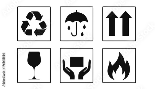 Minimalist Packaging Symbols Icon Set – Handling Safety Labels Grid Vector Collection